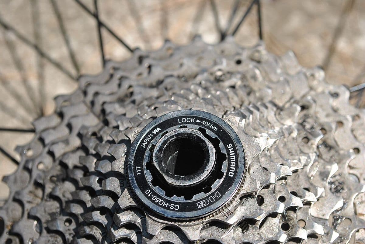 Close view of a cassette lockring whose splined tool fitting turns with the sprockets