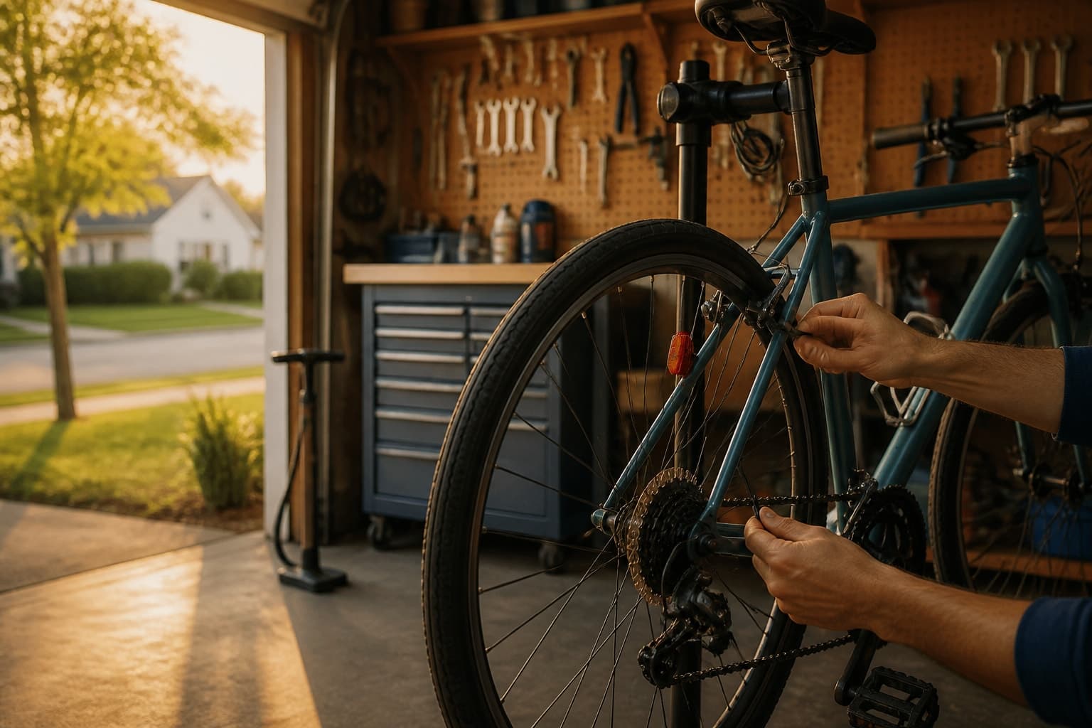 A commuter bicycle being checked in a bright home garage