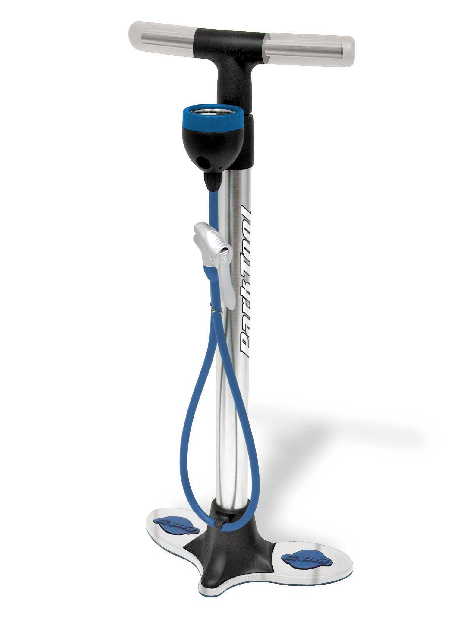 An upright bicycle floor pump with a hose, foot base, and high-mounted pressure gauge